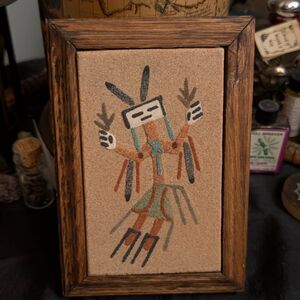 Vintage Navajo Native American Sand Tile Art Wooden Frame